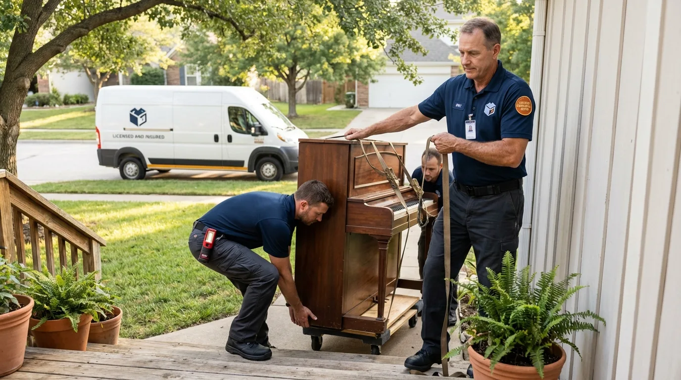 Licensed piano movers securing grand piano in Lincoln, RI