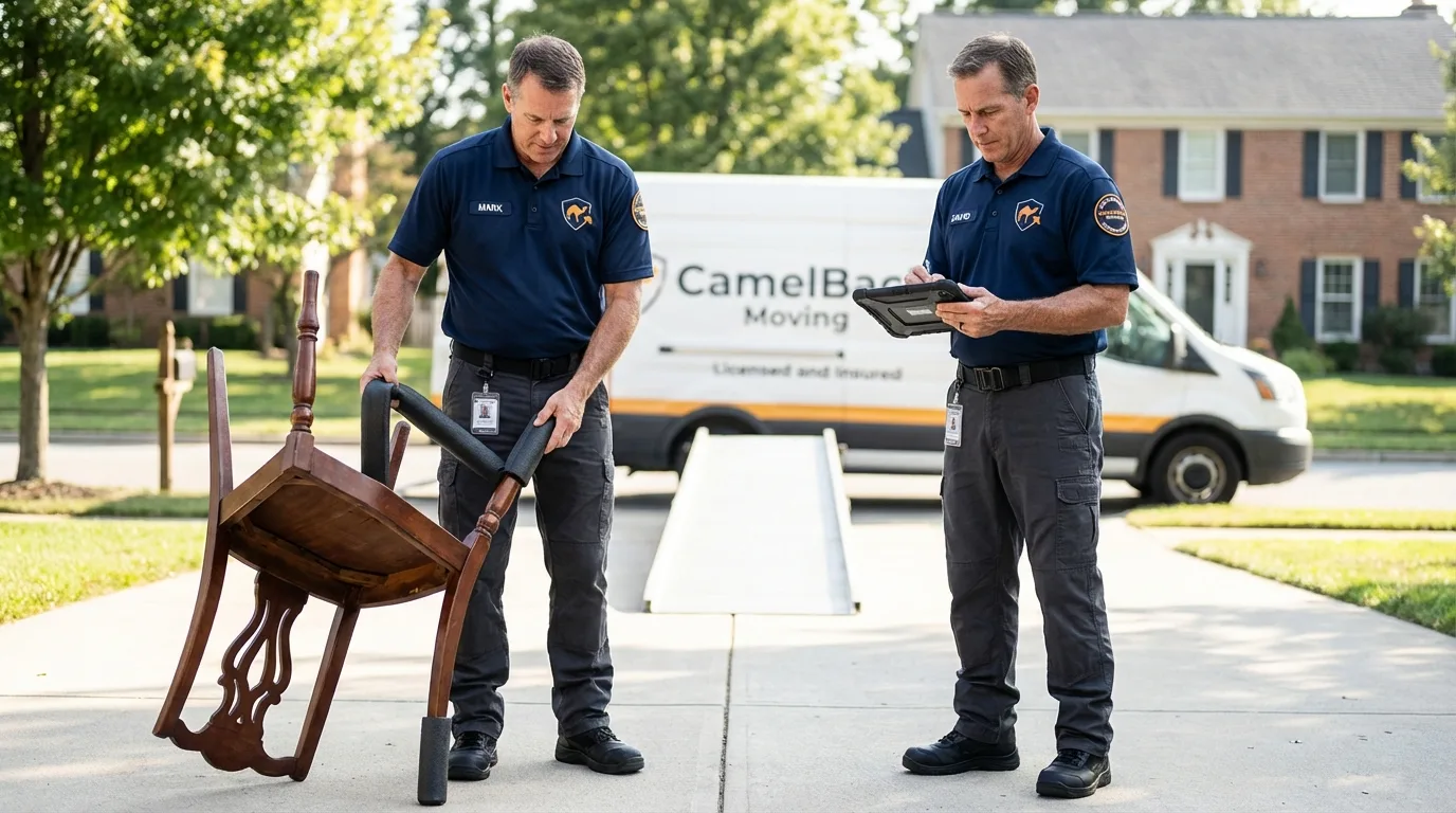 Movers inspecting furniture for damage prevention before loading in Lincoln, RI