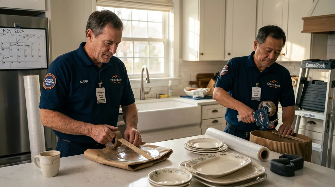 Professional crew packing kitchen dishware in Lincoln, RI